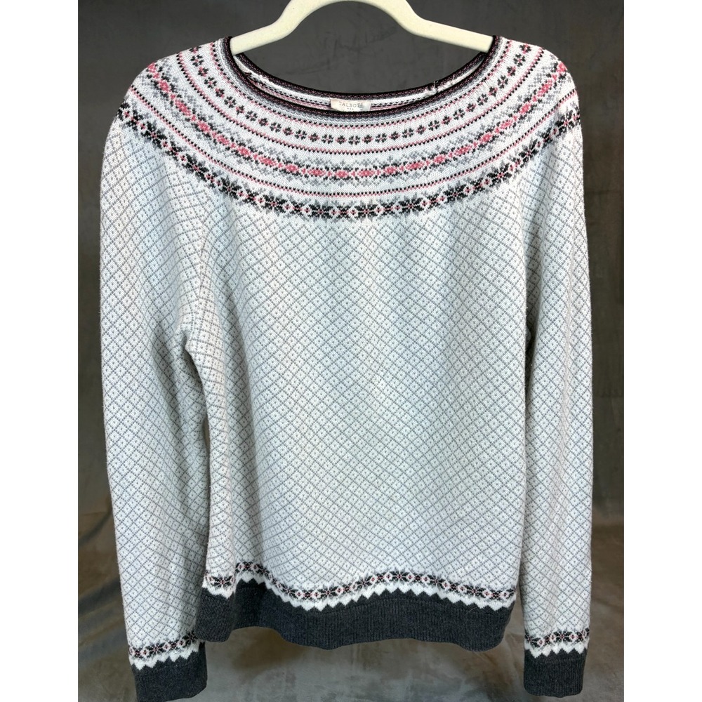 Talbots Sweater Fair Isle Nordic Pullover Cottagecore Cotton Blend White Grey L